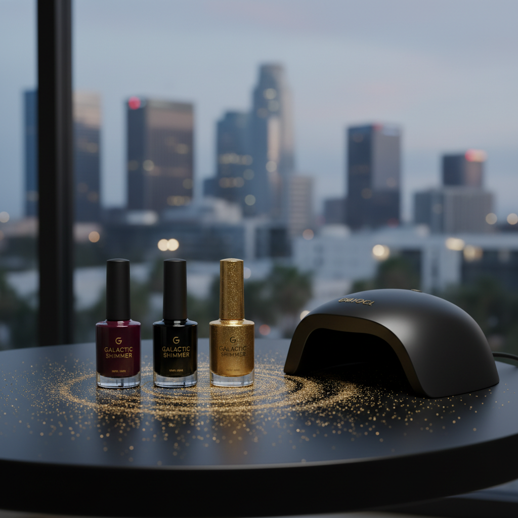 A close-up of an elegant black manicure table surface with scattered fine gold glitter forming a subtle galaxy-like pattern, evoking a cosmic theme. On the table, high-end nail polish bottles in deep burgundy, glossy black, and metallic gold are lined up in precise order, each with sleek gold typography and minimalist labels. A professional UV lamp in matte black sits to one side, its curves catching soft highlights. The background reveals a blurred hint of a modern Cali cityscape through a tinted window. Soft, directional studio lighting from the left creates delicate reflections and calm shadows, captured with shallow depth of field in photorealistic style.