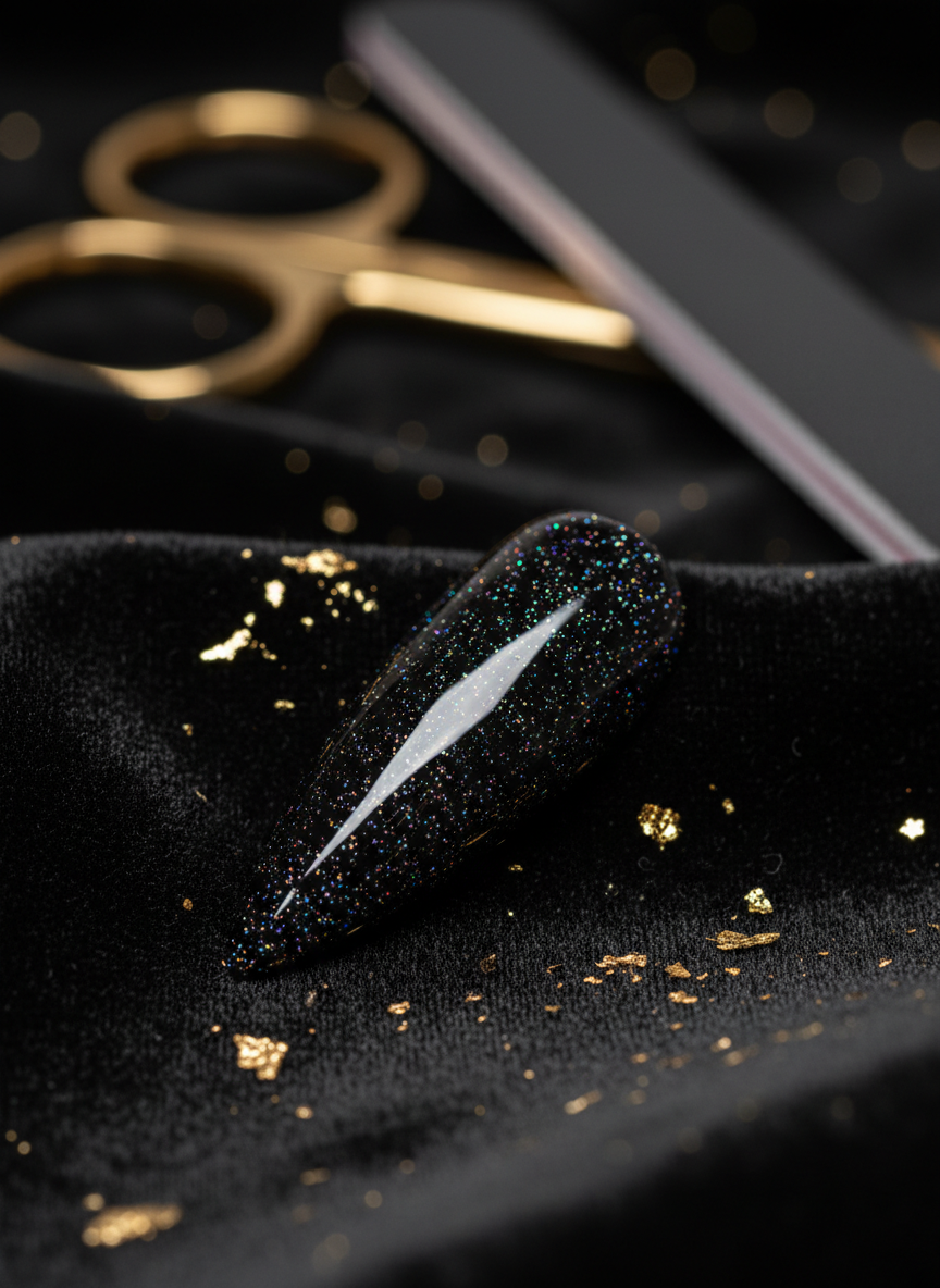 A dramatic macro shot of a perfectly shaped artificial nail tip coated in glossy black polish with ultra-fine holographic glitter, resembling a night sky full of stars. The nail rests on a textured black velvet surface scattered with a few tiny gold flakes, reinforcing the imperial theme. A blurred background reveals hints of professional nail tools in metallic gold and matte black tones. Directional studio lighting from the top-right creates strong, clean highlights on the curved nail surface, emphasizing shine and detail. The composition uses extreme close-up framing and shallow depth of field, delivering a bold, luxurious, and modern photographic aesthetic.
