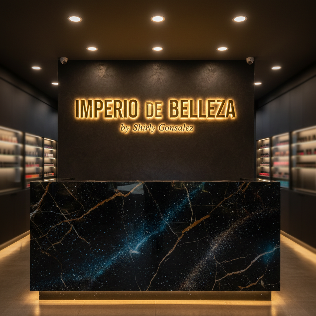 The illuminated front reception of a professional nail salon in Cali, Colombia, showcasing a bold black marble reception desk with embedded cosmic glitter veins. Behind the desk, a large wall displays the salon name “Imperio de Belleza by Shirly Gonsalez” in raised, brushed gold lettering, glowing subtly with hidden backlighting. The surrounding space is minimalist and dark, with hints of distant nail polish shelves softly blurred. Warm overhead spotlights and subtle accent LEDs create a glamorous, welcoming mood. Captured at eye level with sharp focus on the logo and desk, in clean, modern photographic realism emphasizing luxury and professionalism.