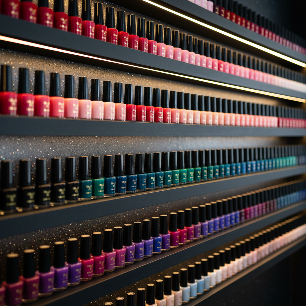 A meticulously organized nail polish display wall in a professional salon, consisting of floating matte-black shelves against a dark cosmic-glitter accent wall. Hundreds of bottles in harmonious gradients of reds, nudes, and bold jewel tones stand in perfect alignment, each with glossy black glass and tiny gold-foil labels that catch the light. Discreet LED strips beneath the shelves cast a warm golden glow, making the colors appear rich and vibrant. The scene is shot from a slightly angled perspective with sharp focus on the central rows and gentle bokeh toward the edges, creating a luxurious, gallery-like mood in high-end photographic realism.