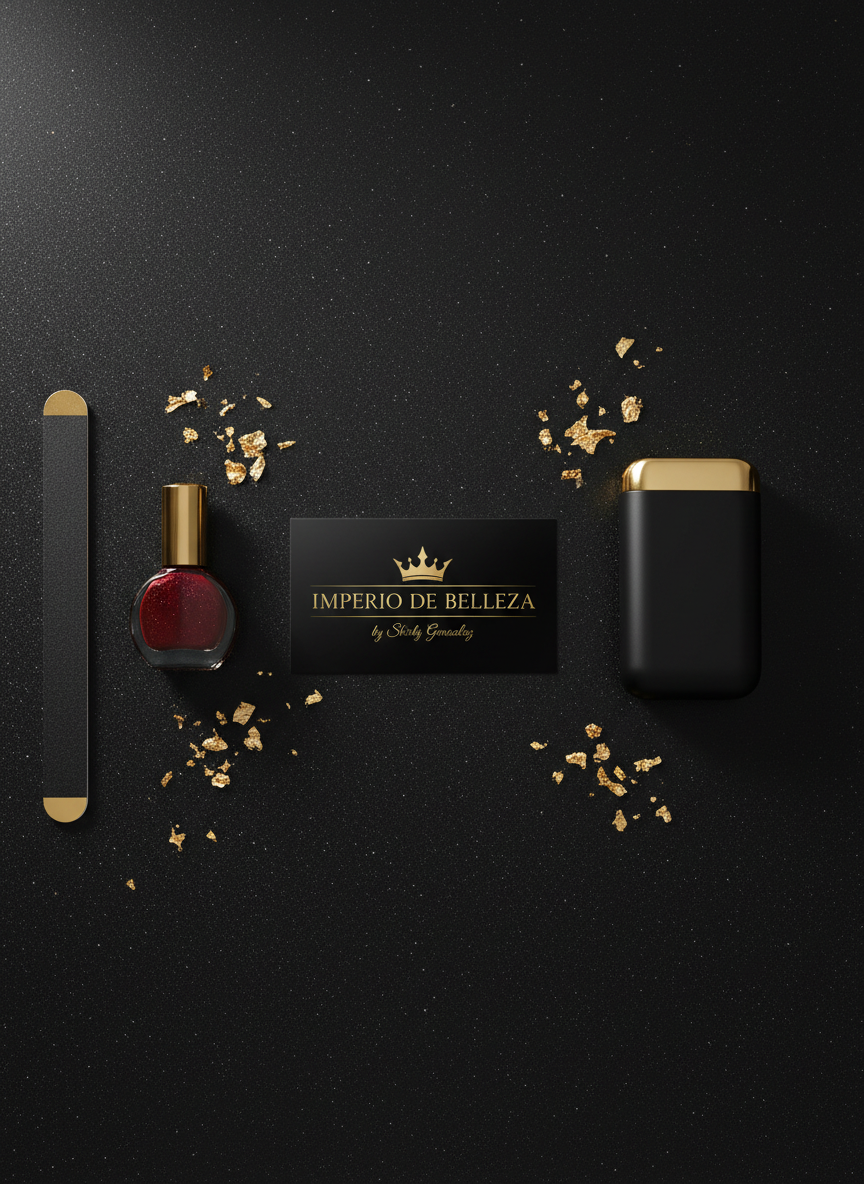 A stylish product flat lay representing Imperio de Belleza by Shirly Gonsalez, featuring black and gold branded items arranged on a smooth black stone background with subtle cosmic glitter. A glossy black business card with embossed gold lettering, a round nail polish jar with a gold lid, a sleek black nail file with gold edges, and a compact UV lamp form a balanced composition. Delicate gold foil flakes are sprinkled around, catching the light. Overhead softbox lighting creates gentle, even illumination with minimal shadows, emphasizing textures and metallic reflections. Shot from a bird’s-eye view in crisp photographic realism, the mood feels premium, organized, and distinctly professional.