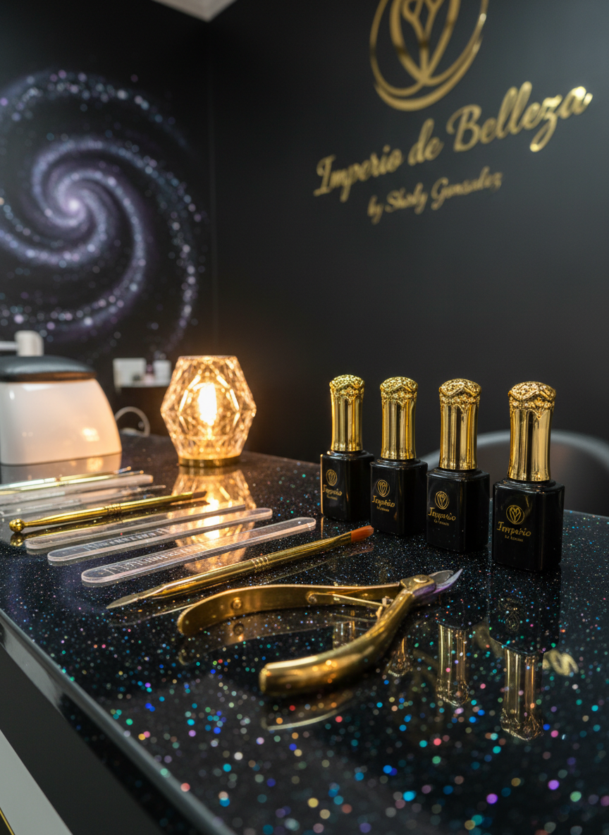 A luxurious manicure station in a high-end nail salon, featuring a sleek black countertop with embedded fine cosmic glitter that subtly sparkles under the light. On the surface rests an array of neatly arranged professional nail tools, glossy black gel polish bottles with gold caps, and a small crystal lamp. The salon walls in the background are matte black with faint galaxy-like specks, and the logo “Imperio de Belleza by Shirly Gonsalez” appears in elegant gold lettering on a distant wall. Soft, warm studio lighting creates golden reflections on metallic details, with a shallow depth of field and photographic realism for a sophisticated, professional atmosphere.