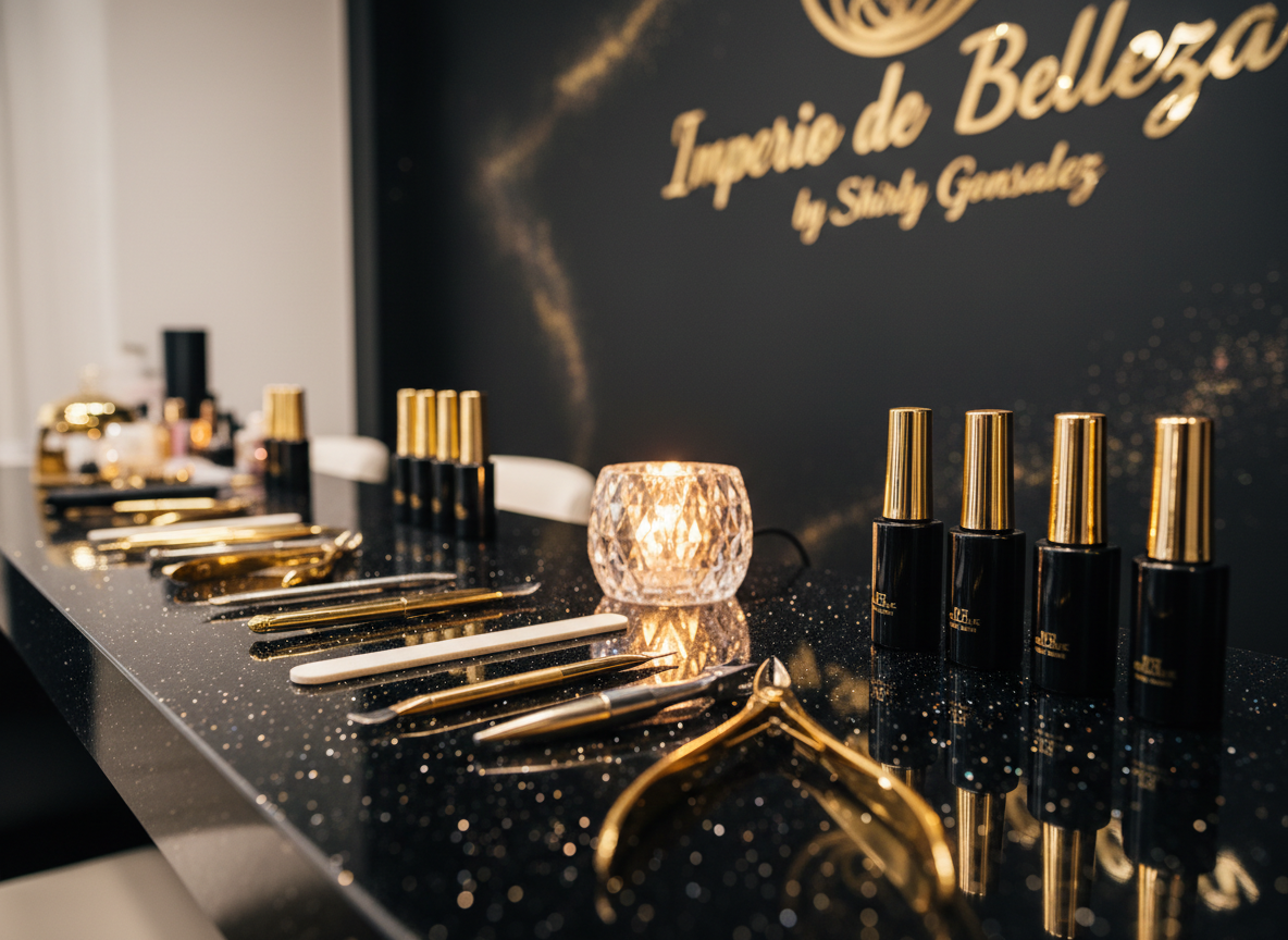 A luxurious manicure station in a high-end nail salon, featuring a sleek black countertop with embedded fine cosmic glitter that subtly sparkles under the light. On the surface rests an array of neatly arranged professional nail tools, glossy black gel polish bottles with gold caps, and a small crystal lamp. The salon walls in the background are matte black with faint galaxy-like specks, and the logo “Imperio de Belleza by Shirly Gonzalez” appears in elegant gold lettering on a distant wall. Soft, warm studio lighting creates golden reflections on metallic details, with a shallow depth of field and photographic realism for a sophisticated, professional atmosphere.